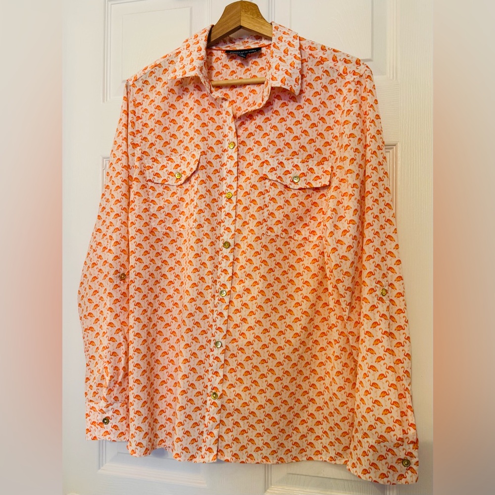 Jones New York Women's M Novelty Monogram Flamingo Blouse, size L
